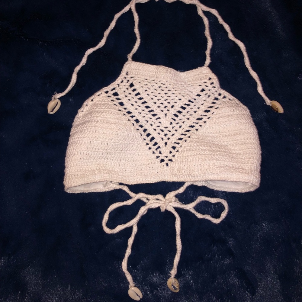 White crotchet plumeria halter shell tie swim top